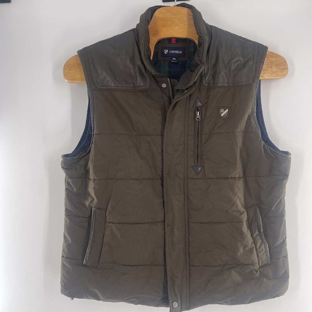Cremieux Mens Olive Green Puffer Vest Leather Trim Plaid Lined XXL